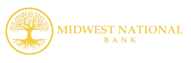 Midwest National Bank logo with golden tree and bank name.
